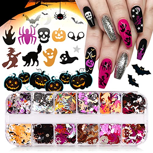 Ebanku 1 Box Halloween Nail Art Glitter Sequins, 3D Flakes Halloween Gold Black Metal Nail Glitter, Bat Skull Spider Pumpkin Nail Design Sequins For Women Girls Diy Nail Art Decor #TOP3