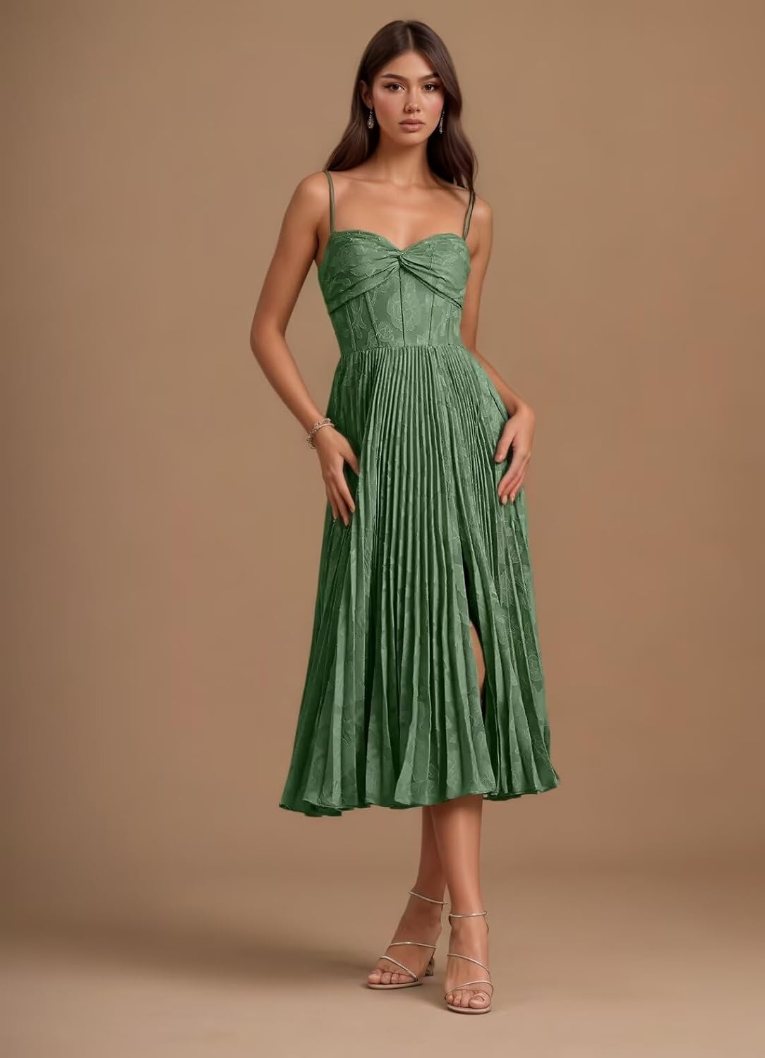 Floral Satin Midi Wedding Guest Dresses Pleated Tea Length Formal Evening Party Gowns - Image 6