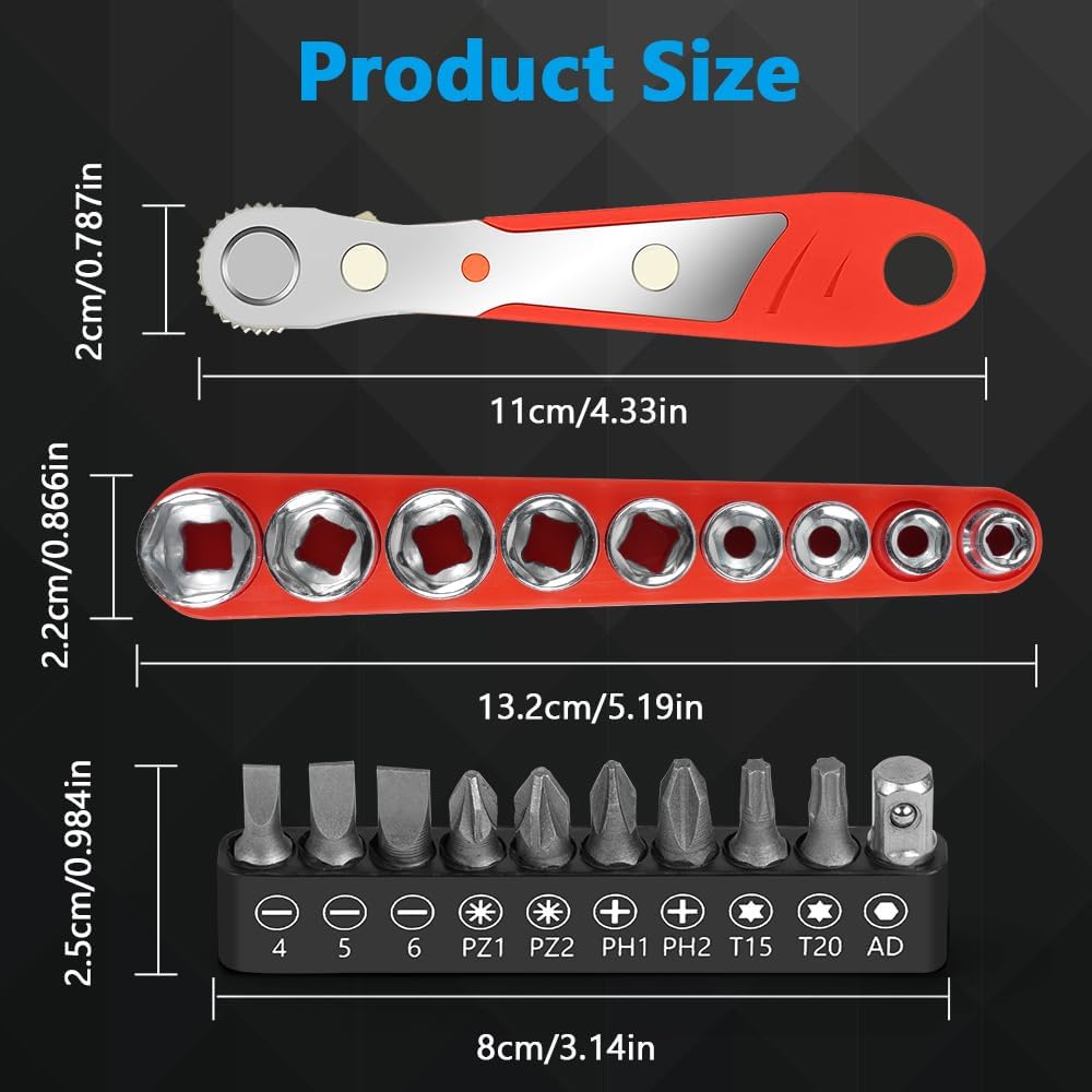 OSDUE Mini Ratchet Wrench Screwdriver Bit Set, 21 PCS Ratchet Screwdriver Set 1/4 Ultra Low Profile Micro Socket Set, High Torque Offset Reversible Screwdriver,w/Phillips, Hex for Tight Spaces