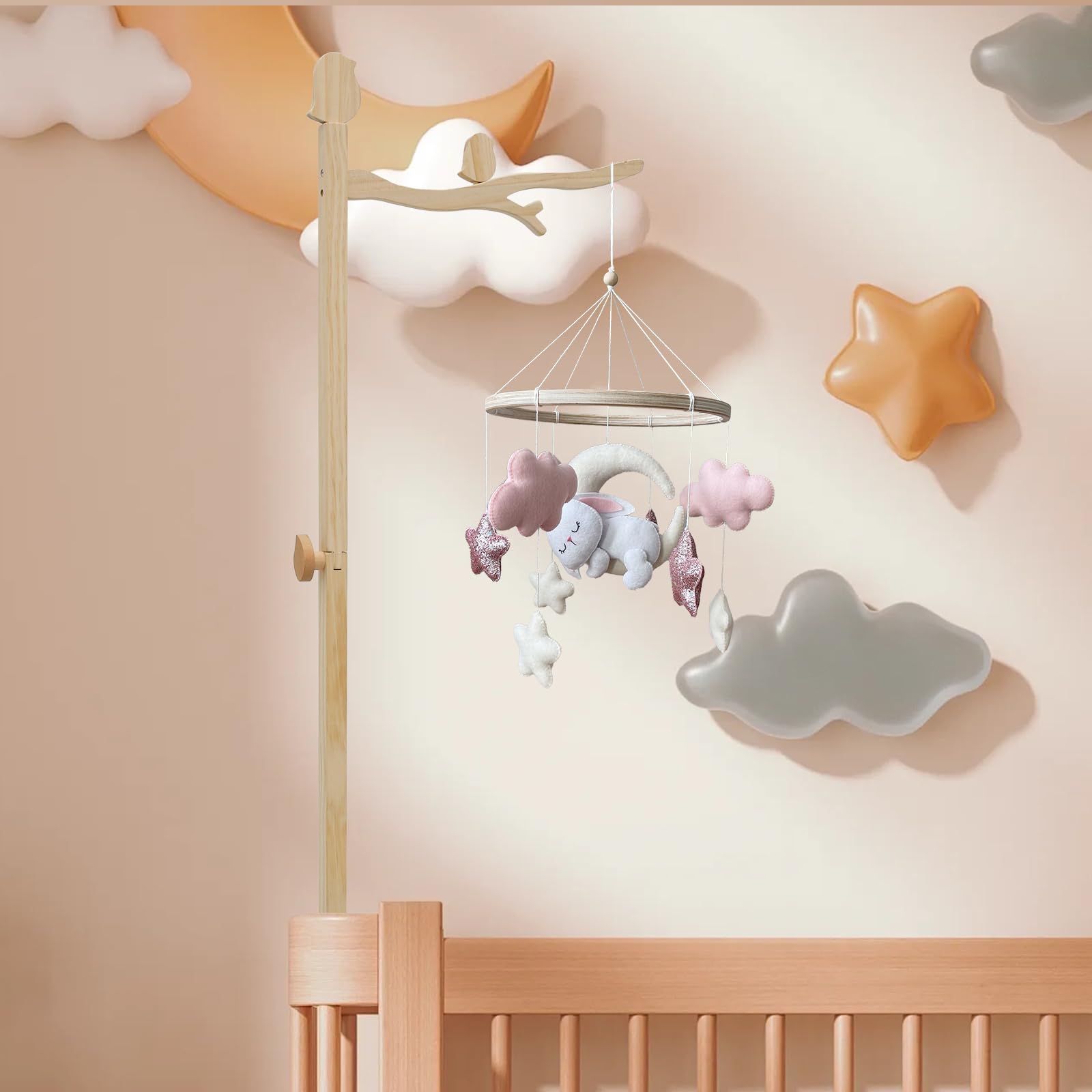 Mobile Halterung Holz für Babybett,135CM Stehend Verstellbarer Ständer Mobile Halterung für Babybett,Aufhängung Windspiele Bettglocke