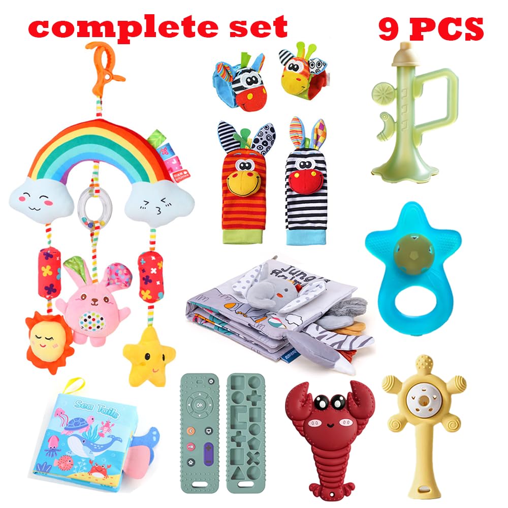 9 toys for babies aged 3-18 months, including silicone remote control, dental teething stick, 3D book for baby toys, rattles and wristbands, and baby bell toys