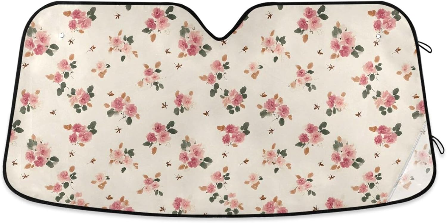 Sun Shade for Car Windshield Beige Background Floral Rose Foldable Sun Shield Heat and UV Protection Automotive Interior Protection