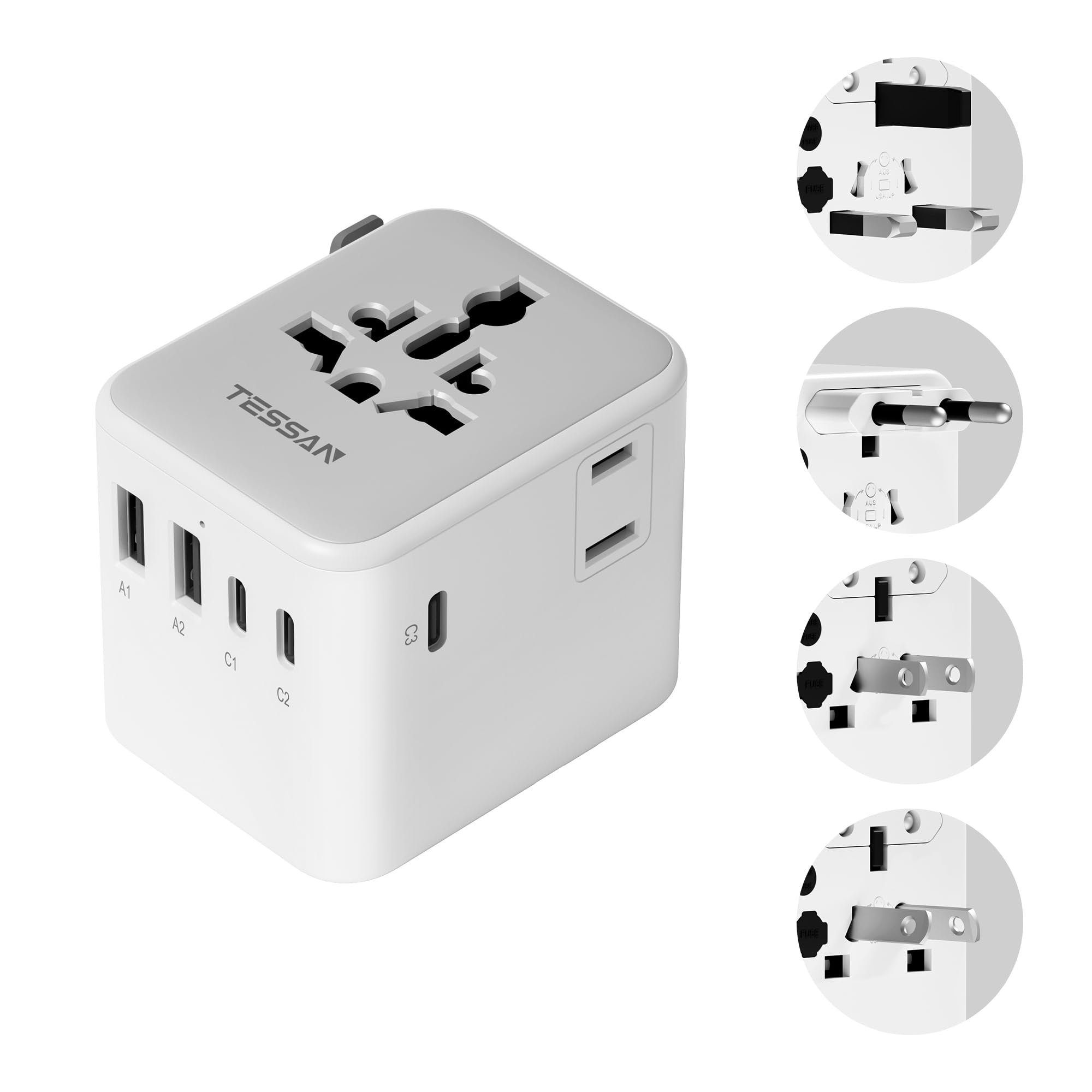 海外 変換プラグ 全世界対応 旅行 便利グッズ TESSAN C BF O Aタイプ 海外 コンセント 変換 2AC口 3USB-C 2USB-A マルチ変換プラグ 韓国 オーストラリア シンガポール 香港 イギリス マレーシア タイ イタリア ヨーロッパ へ用電源アダプター