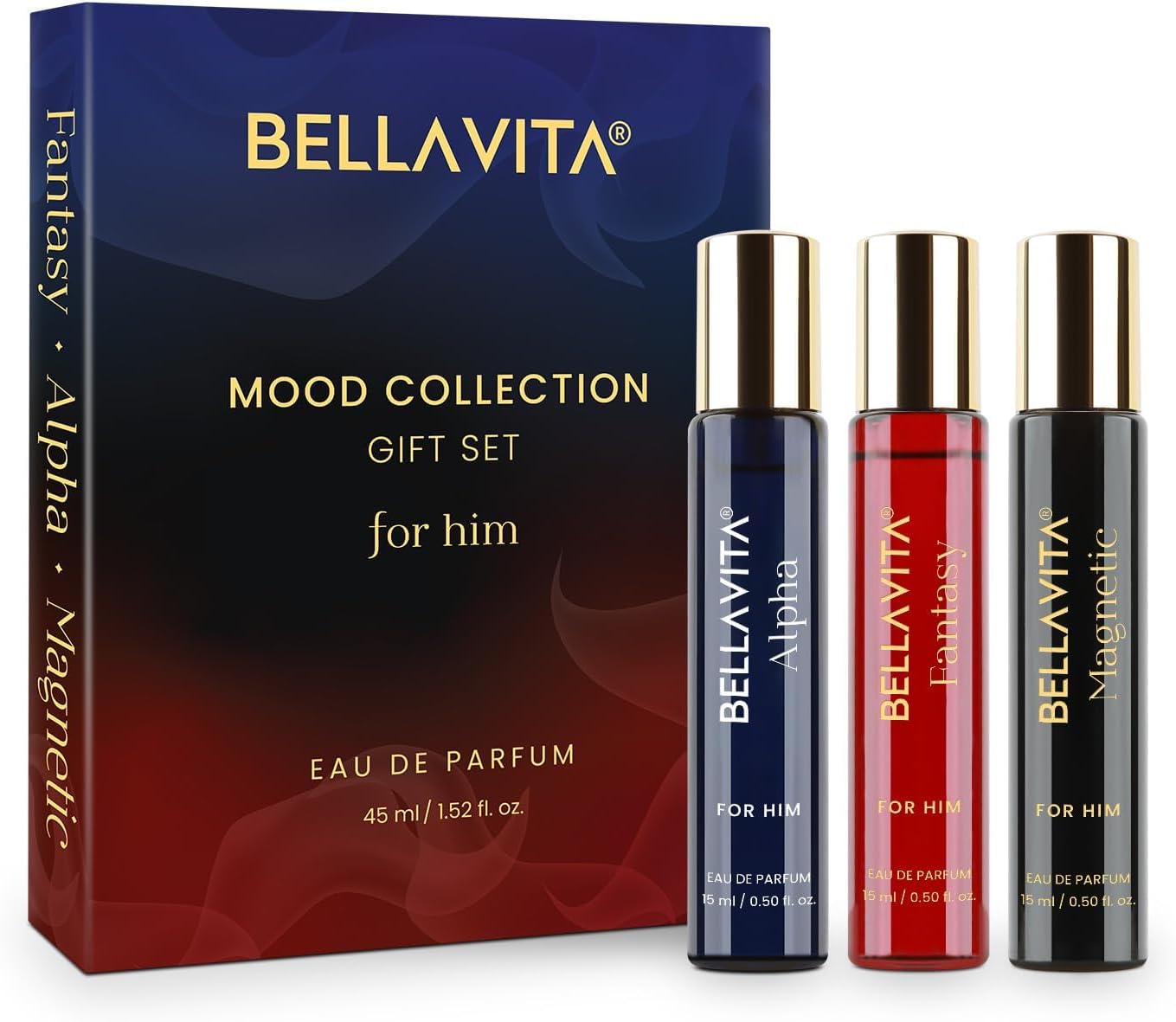 BELLAVITA Mood Collection Gift Set 3x15ML | Perfume for Man | Gift for Man | Long Lasting EDP | Alpha, Fantasy & Magnetic | Fruity, Woody Premium Fragrance