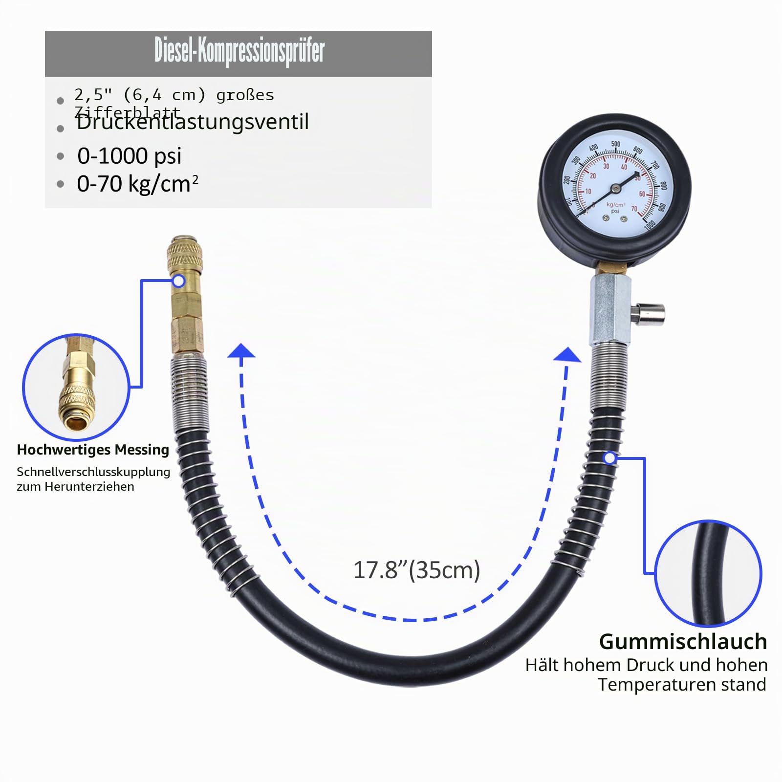 FreeTec Kompressionsprüfer Diesel,1000 PSI 70 Bar Kompression Messgerät Diesel Motor, Kompression Tester Diesel TDI CDI Zylinder für Auto PKW LKW Traktor