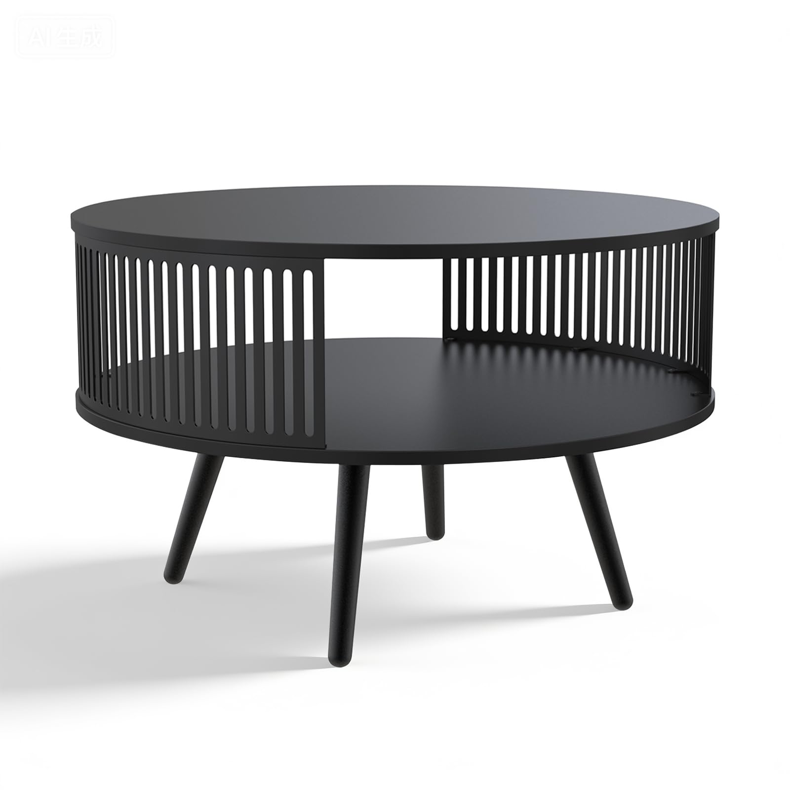 Runder Couchtisch Ø 75 cm mit Ablage, Wohnzimmertisch Schwarz