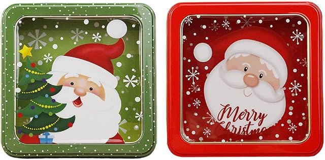 Housoutil 2Pack Square Christmas Cookie Tins Nesting Boxes, Decorative Cookie Gift Tins, Empty Xmas Cookie Box Candy Storage Containers Tinplate Gift Boxes with Lids for Xmas Holiday Party Supplies