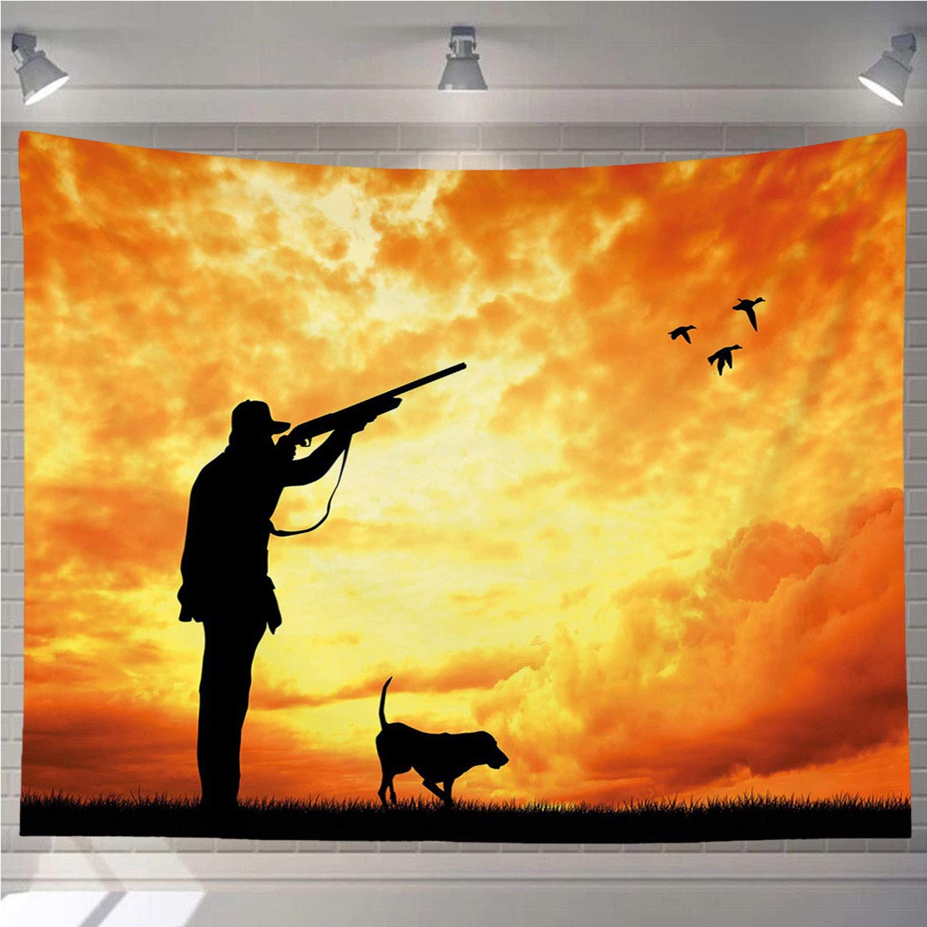 OTTOSUN Hunting Decor Tapestry Wall Hanging,Hunting Decor Majestic Sunset Huntsman and Dog Orange Yellow Black,Tapestry Wall Art Decoration for Bedroom Living Room Dorm,90x70 in