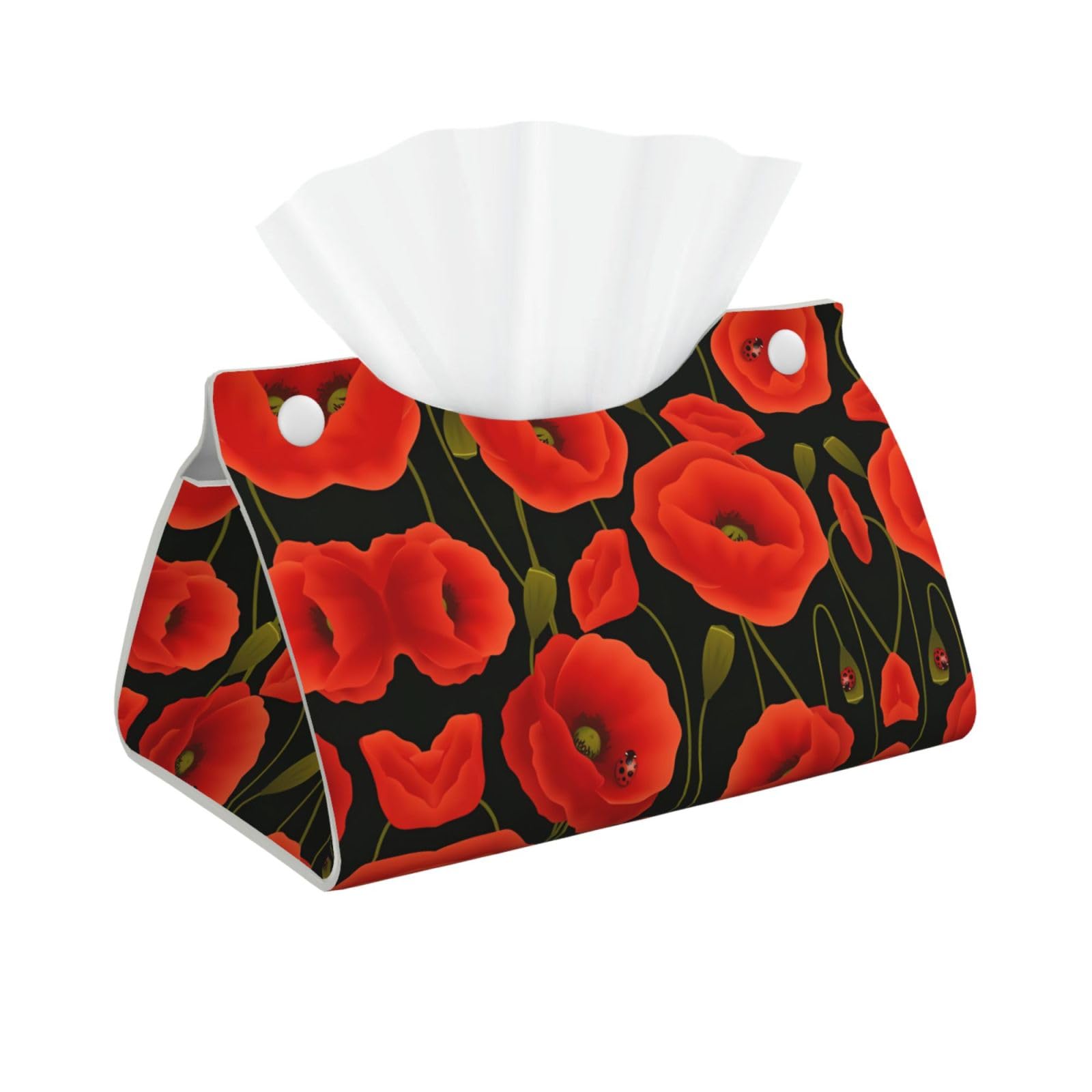 Poppy Flowers Print Long Tissue Box Cover Holder Foldable Leather Organizer for Vanity, Nightstand, Desk & Bathroom