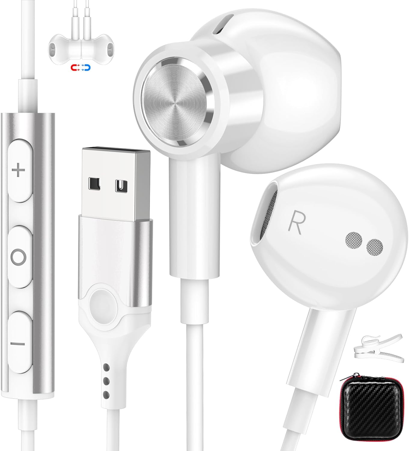 USB Earbuds with Microphone for PC,7.5ft USB A Headphones for Computer Laptop,Magnetic Wired USBA Headset with Mic Noise Cancelling Earphones for HP Dell Surface Zoom Teams Meeting Work School,White