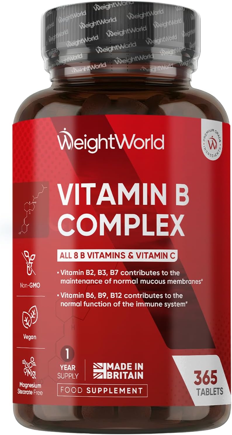Vitamin B Complex Supplement - 365 Tablets - 1 Year Supply - with All 8 B Vitamins & VIT C - 1 Tablet-a-Day - Non-GMO, Gluten-Free & Vegan-Friendly - for Men & Women