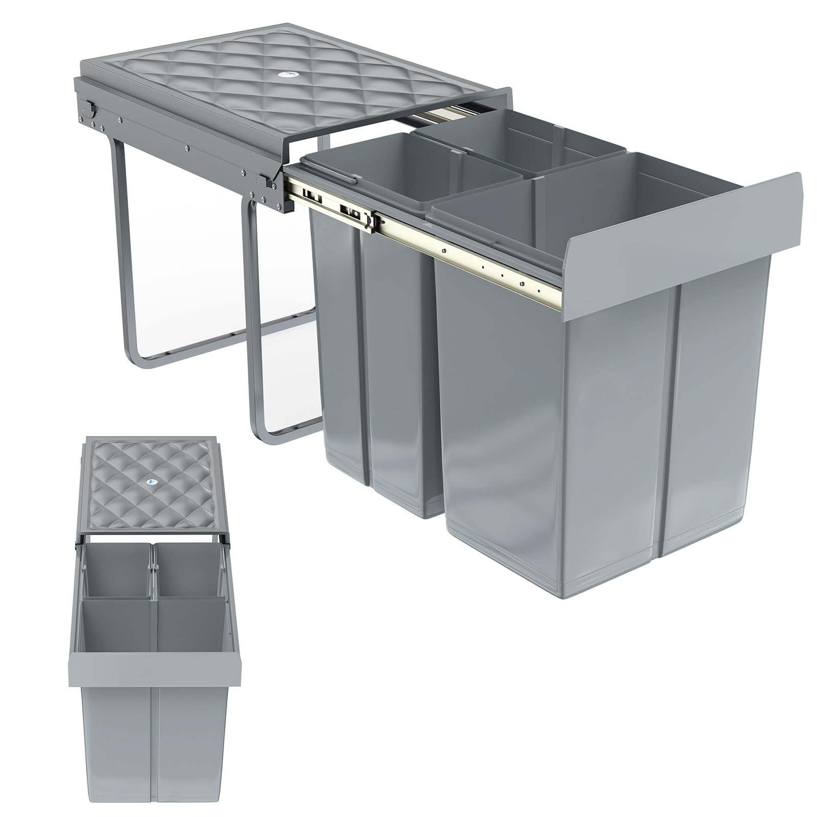 3 Fächer Einbaumülleimer System 2x10+20 Liter, Abfallsammler Ausziehbarer Mülleimer mit Teleskopschienen, Herausnehmbare Eimer Mülltrennsystem, Grau, 48 x 34,2 x 41,8cm