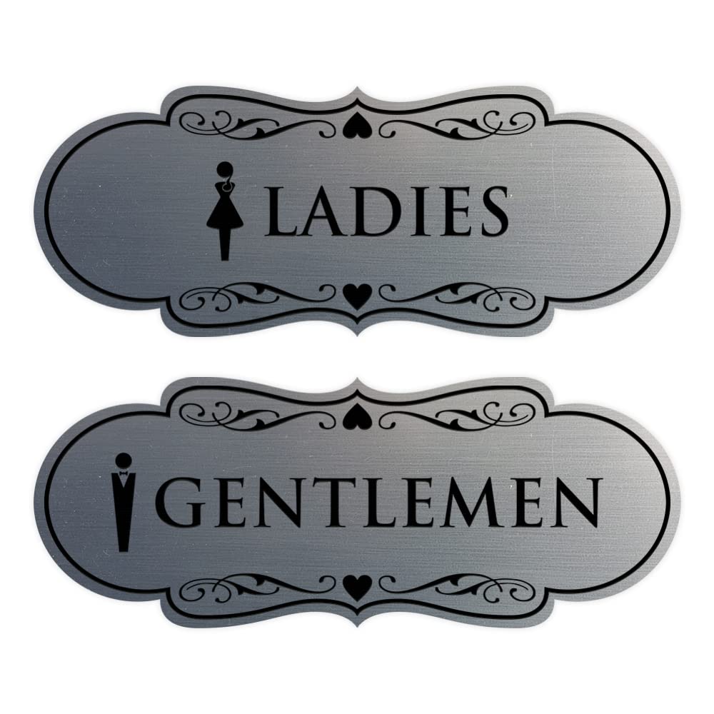 Designer Ladies and Gentlemen Figurines Restroom Signs, Set of 2 (Brushed Silver) - Large 1 Pack