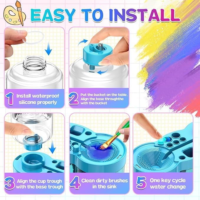 Image of Parssufy Paint Brush Cleaner with Paint Tray, 6-in-1 Water Circulation Rinser Paintbrush Cleaner with Drain & Brush Holder, Watercolor Dispenser & Paint Palette, Paint Brush Washer (Blue)