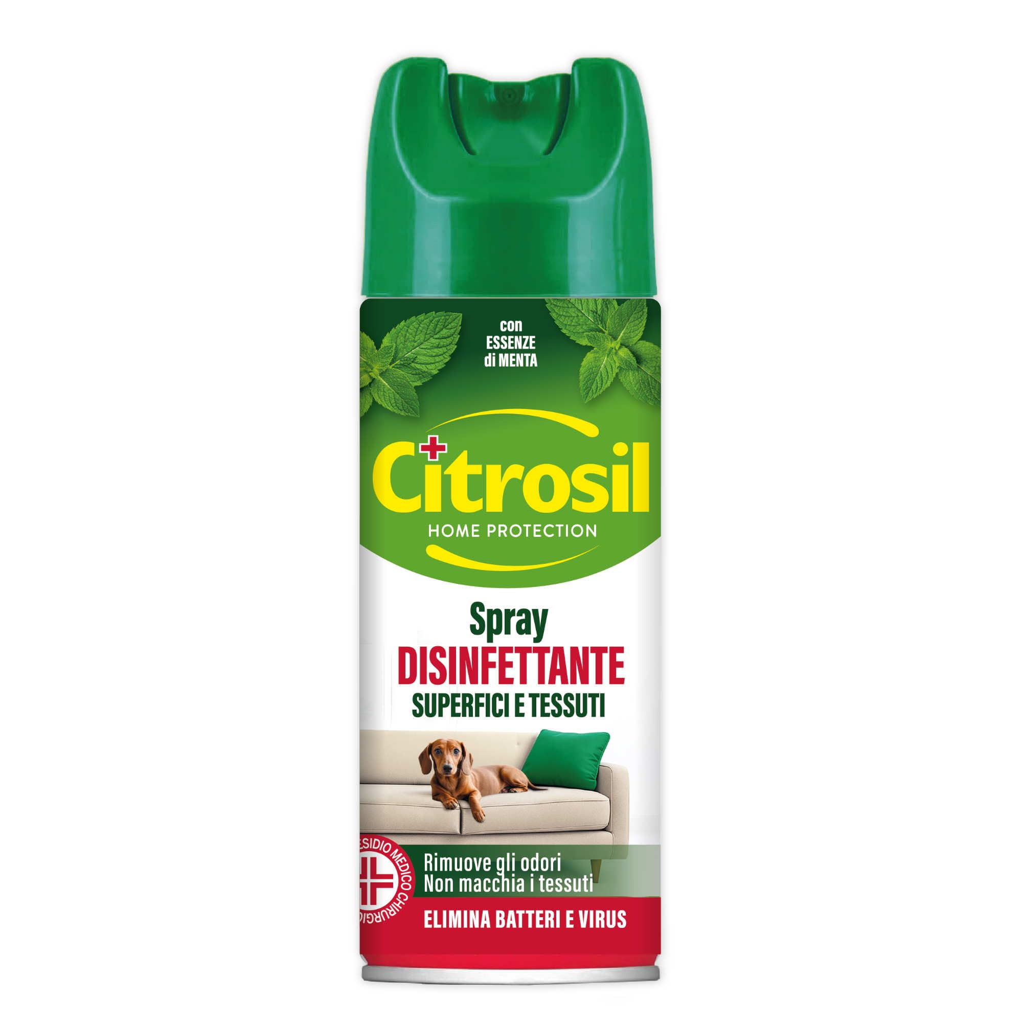 Citrosil Disinfettante Spray, Superfici e Tessuti, Elimina Fino al 99,9% di Virus e Batteri, Essenze di Menta, 300 ml