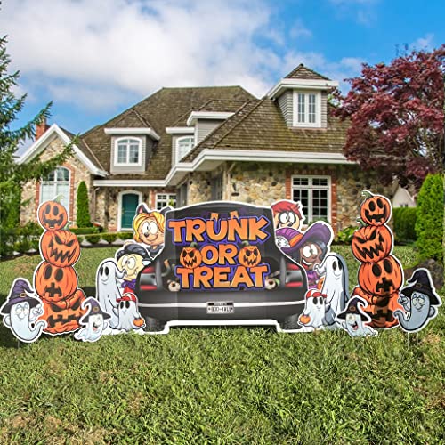 VictoryStore Giant Trunk Or Treat Outdoor Yard Sign: 36x72 Inches, Halloween Oversized Ez Yard Card, 7 Pieces, Includes Stakes