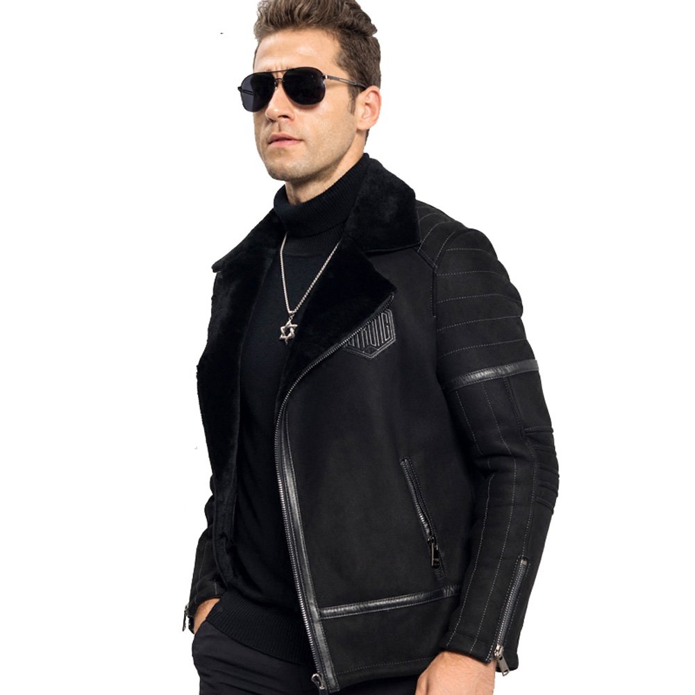 LINAILINMen's Shearling Jacket Casual Genuine Leather Lapel Motorcycle Short Coat Flight Jacket