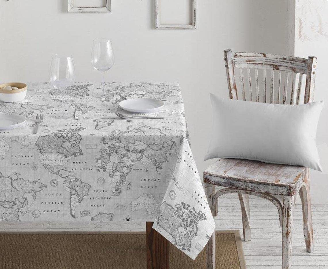LushFabric Teflon Water-Resistant World Map Soft Tablecloth PU Coated Outdoor Fabric For Cushion, Gazebo, Tables, Beach - 140cm Wide - Grey (Sold by the Metre)