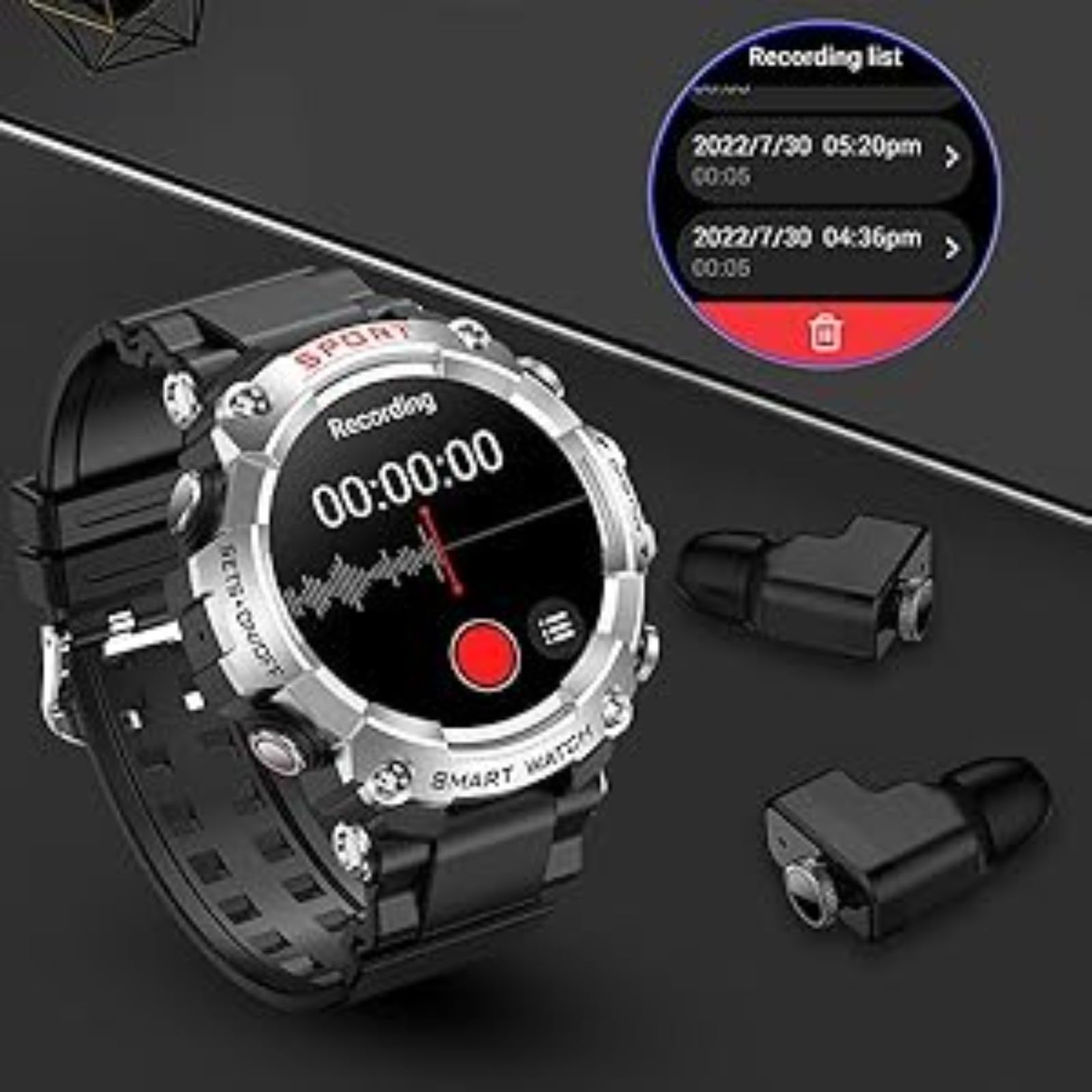 Smart Watch con tappi per le orecchie da uomo, orologio fitness rotondo da 3,9 cm, orologio Bluetooth 2 in 1, con passi, calorie, smart watch sportivo, lungo standby, adatto per iOS e Android