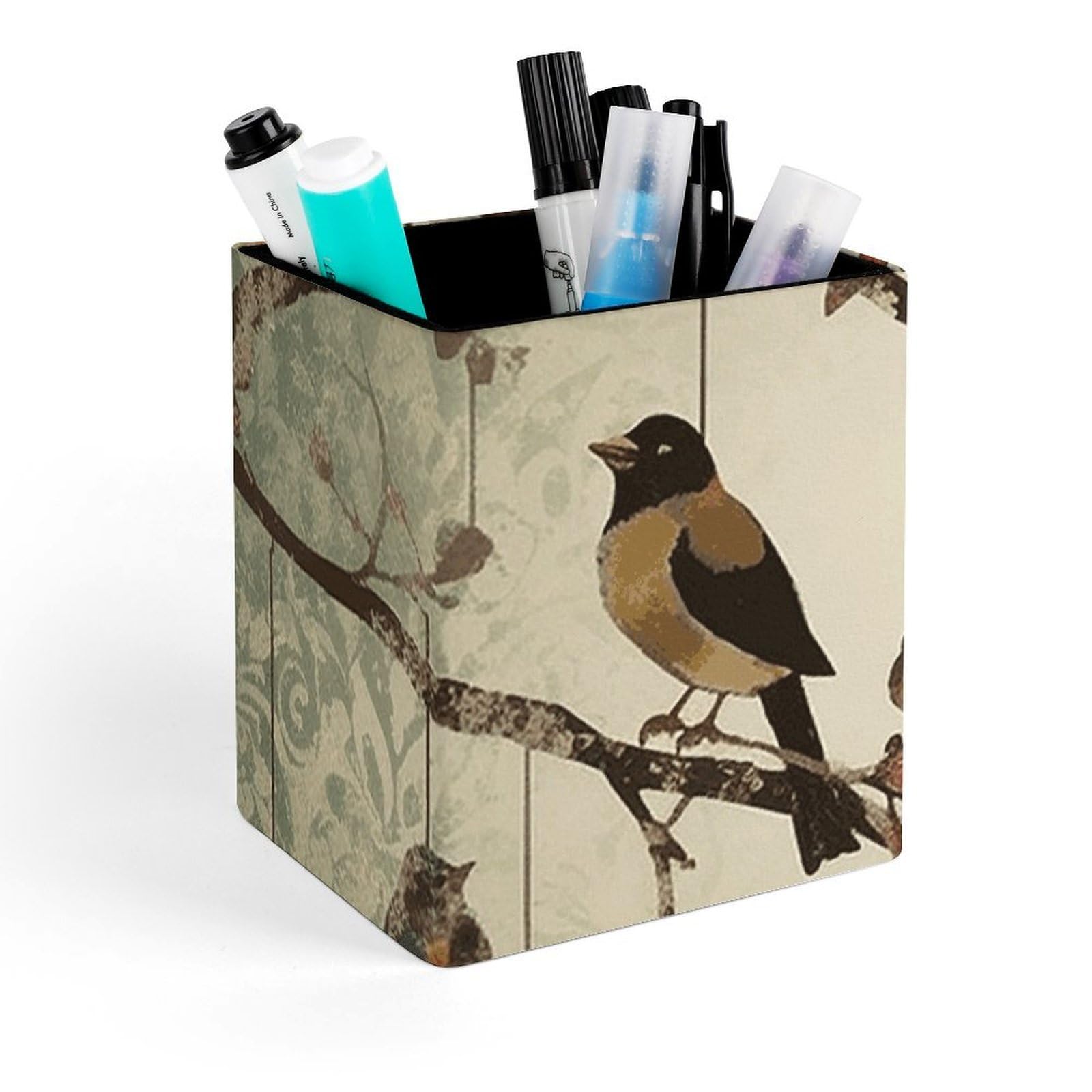 FekiLoot Birds on Branches Pencil Holder Square Leather Pen Holder Cup Modern Multi-Functional Pencil Cup Holder Decorative Desk Organizer Caddy Makeup Brush Holders for Desk Office