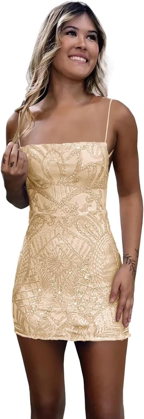 Sparkly Sequin Homecoming Dresses Short for Teens Tight Square Neck Backless Mini Cocktail Party Gowns