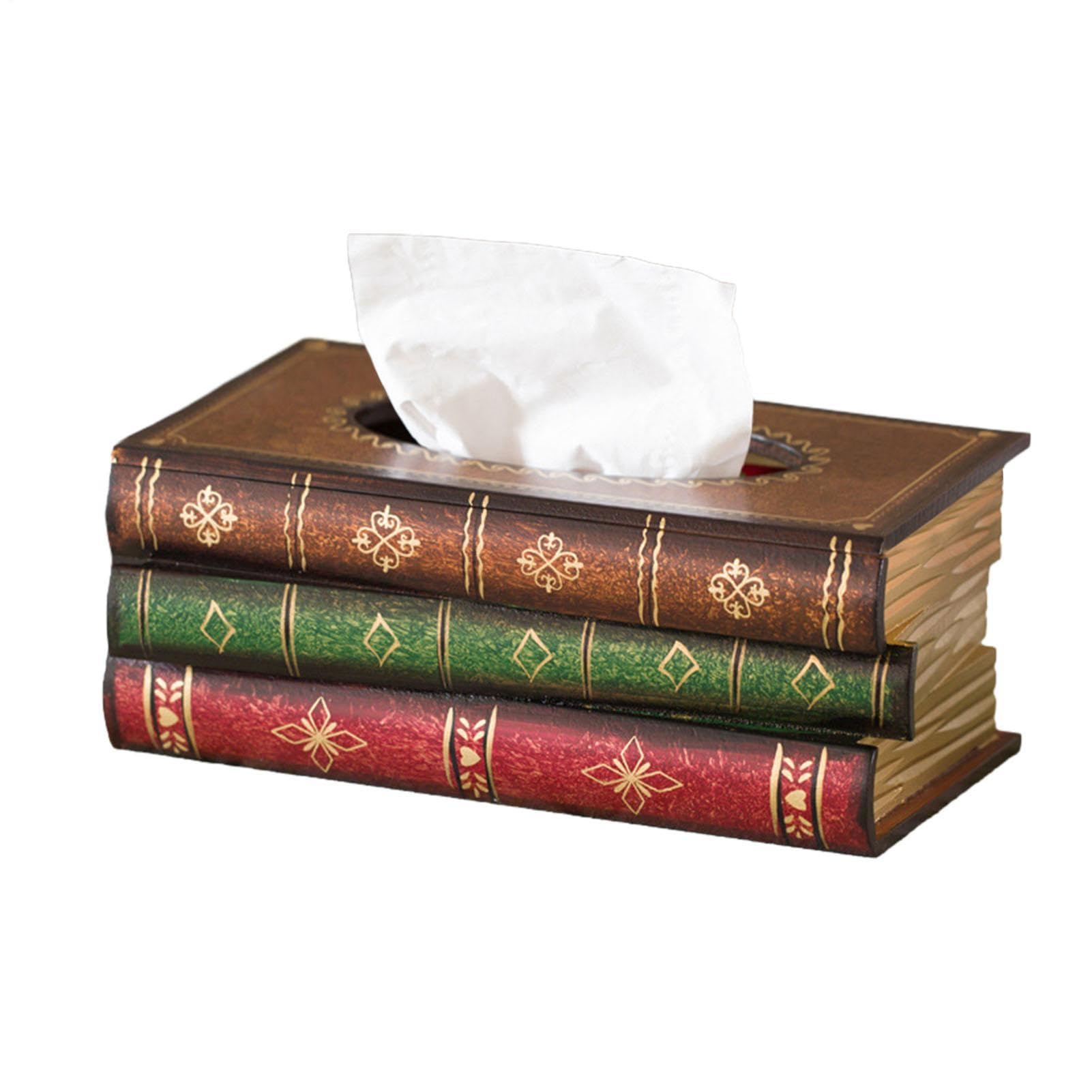 Decorative Tissue Cover For Car & Home - Antique Book Stack Rectangular Facial Tissue Holder, Hand-Painted Wooden Box Case | Retro Desk Decor & Napkin Dispenser Gift For Colleagues