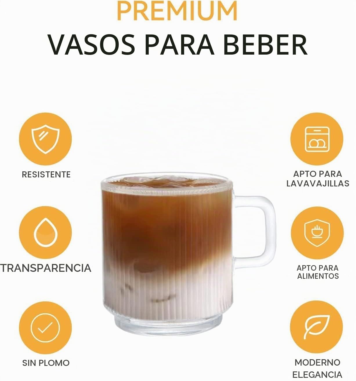 [Set de 6, 350ml] DESIGN•MASTER -Rayas Verticales de Taza, Taza de cristal para té/café con asa, Desayuno Mugs, Café de Vidrio, Perfecto para Café con Leche, Capuchino, Macchiato.