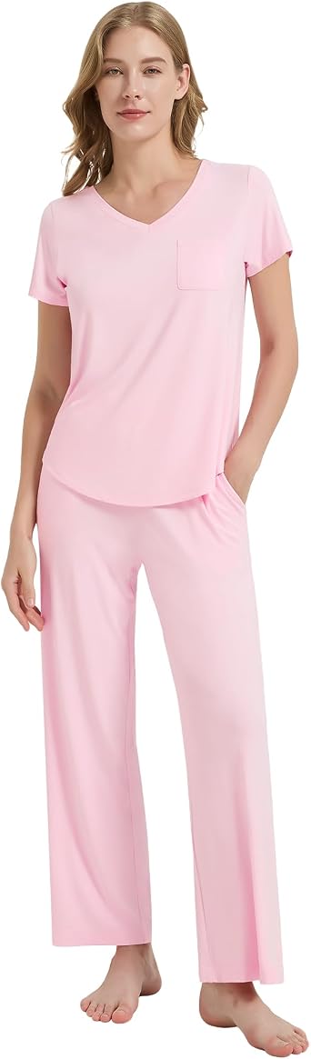 WiWi Womens Viscose from Bamboo Pajamas Set Short Sleeve Pajama Sets with Pants Super Soft Cooling Pjs with Pockets S-XXL