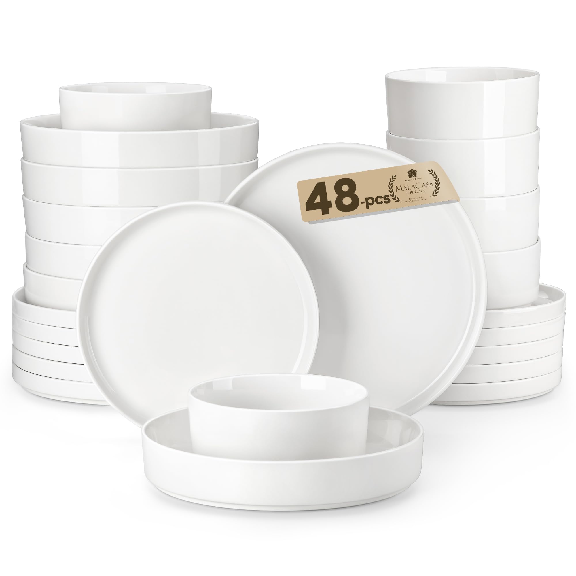 MALACASA 48 Pieces Porcelain Dinnerware Set, Modern White Dish Set for 12, Premium Serving Plates and Bowls Sets, 12 x Dinner Plates, 12 x Dessert Plates, 12 x Cereal Bowls, Series Leah