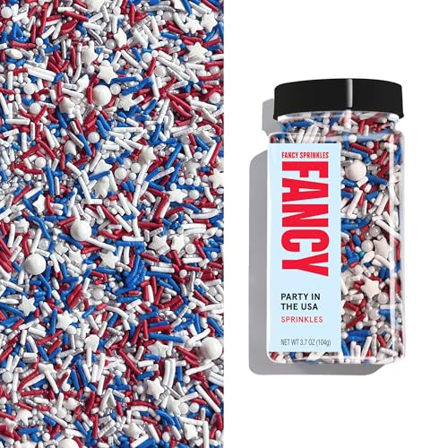 Image of Fancy Sprinkles Superheroes, Assemble! Crunchy Jimmies, Sugar Nuggets, Mini Edible Glitter Stars, And Hexagons In Metallic Silver, Red, White, And Blue.,1 Count,133.4 grams