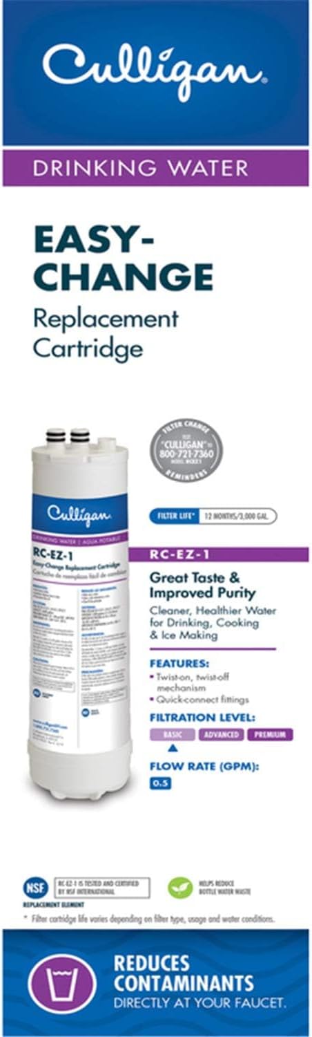 Culligan RC 1 EZ-Change Basic Water Filtration Replacement Cartridge, 3,000 Gallons, Multi