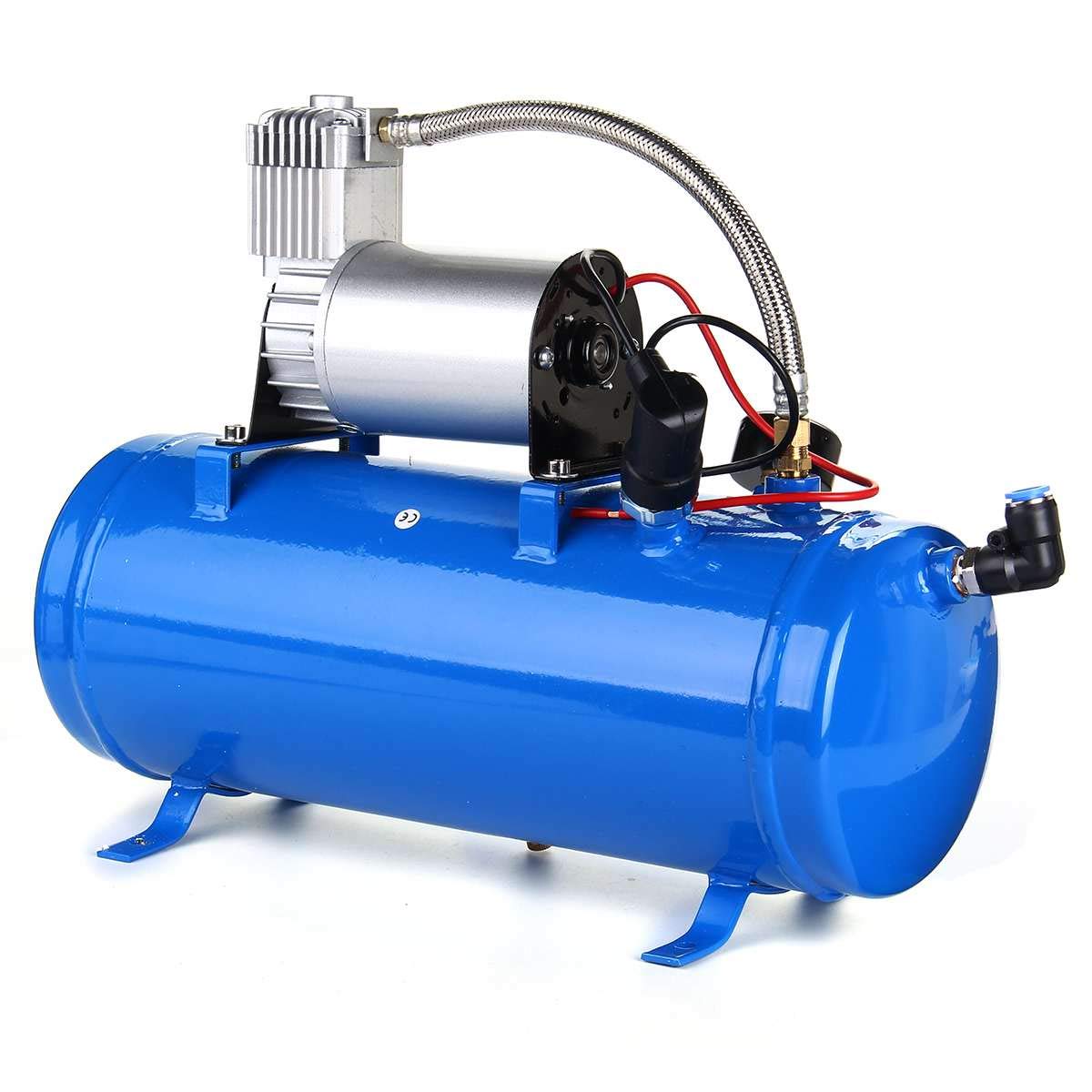 Kit Klaxon à Air Triple Trompe en Métal Chromé 130dB + Compresseur d'Air 12V 150psi / 10Bar avec Reservoir 6L Pour Camion Bateau Voiture SUV