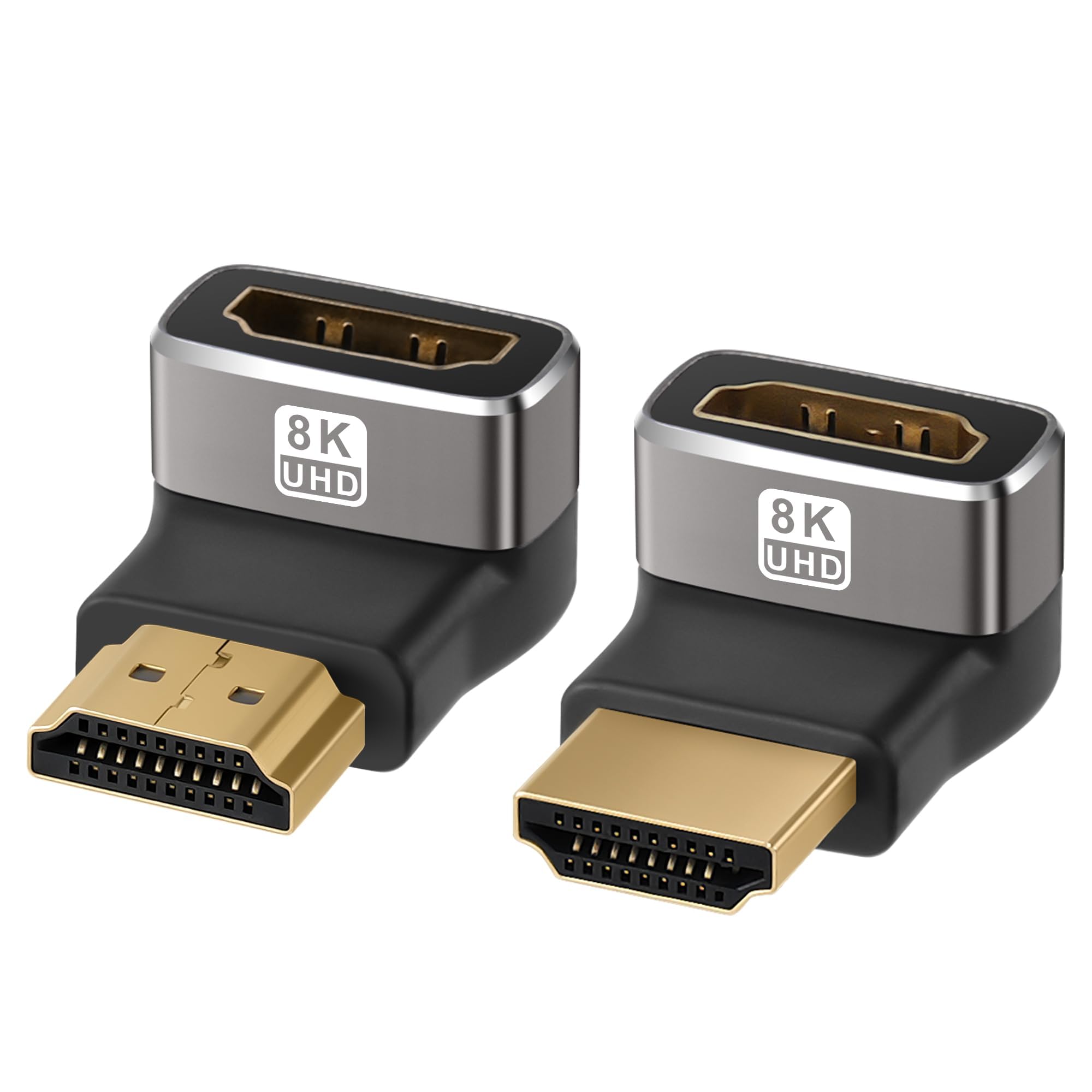 HDMI Adapter 2-Pack — 8K Ultra HD Bidirectional 90° & 270° Angled Plug to Socket — HDMI Coupling Connector 8K@60Hz / 4K@120Hz, Aluminum 2.1 HDR VRR Dolby eARC 3D 48Gbps for TV/Xbox/PS5/PC/Projector
