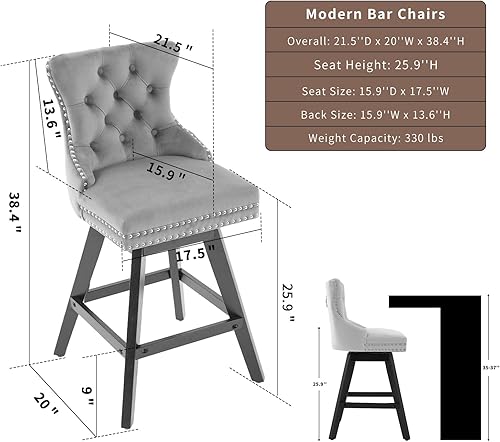 Miniatura 3 de Juego de 2 taburetes de bar giratorios modernos, taburetes de bar negros de 25.9 pulgadas con respaldo para isla de cocina, sillas de isla tapizadas