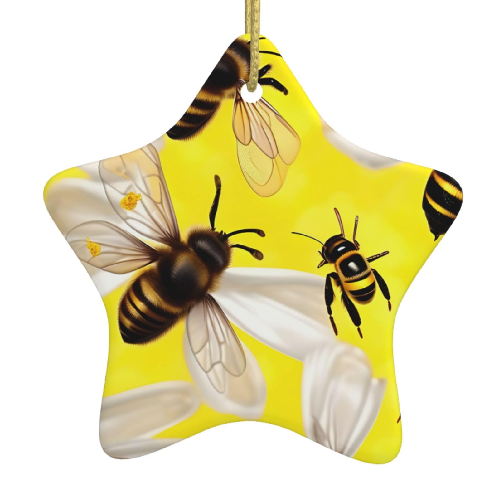 Nbtghga White Flying Bees Daisy Honeys Print Christmas Ornaments, Ceramic Hanging Ornament, Round Shape Decorations