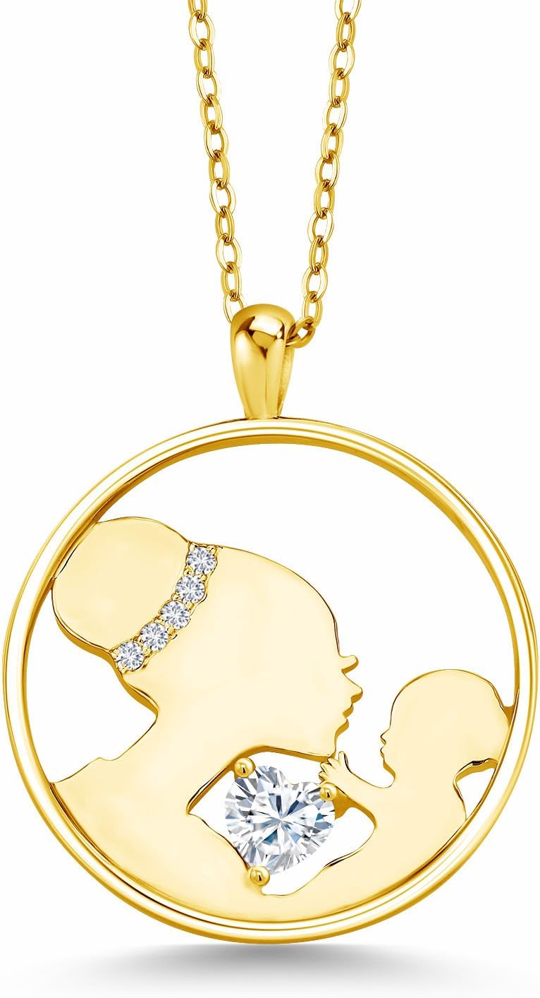 Gem Stone King 18K Yellow Gold Plated Silver White Moissanite Mother Pendant Necklace For Women By Keren Hanan (0.47 Cttw, with 18 Inch Silver Chain)