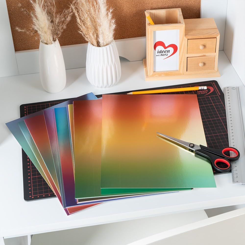 Ideen mit Herz Cartulina de espejo, autoadhesiva, papel metálico, lámina adhesiva, papel para manualidades metálico, 20 hojas, DIN A4, 200 g/m² (degradado)