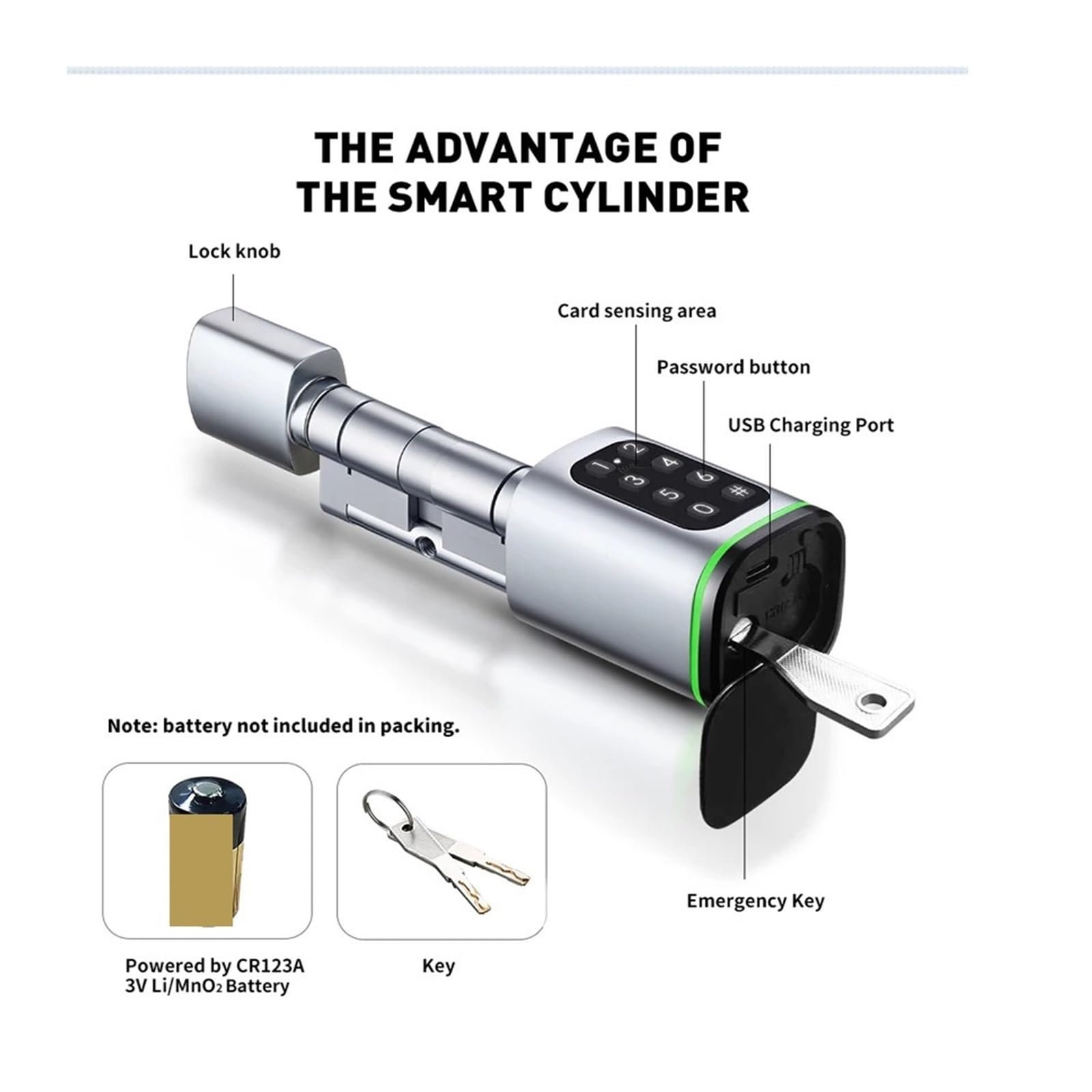 Cilindro di serratura elettronica intelligente for porte con impronta digitale, chiavi, codice PIN, sblocco tramite scheda, supporto for hotel(Silver)