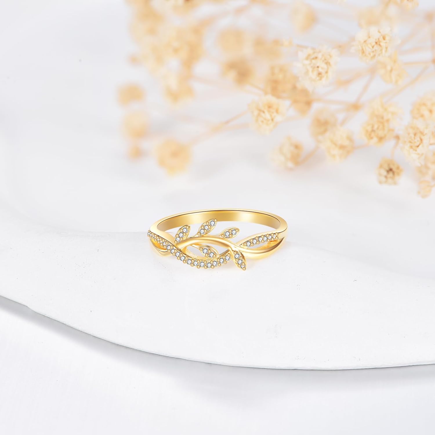 DOVRAN 14K Solid Gold Leaf Ring for Women Real Yellow Gold Leaf Cubic Zirconia Ring Elegant Jewelry Birthday Gifts for Wife Mom