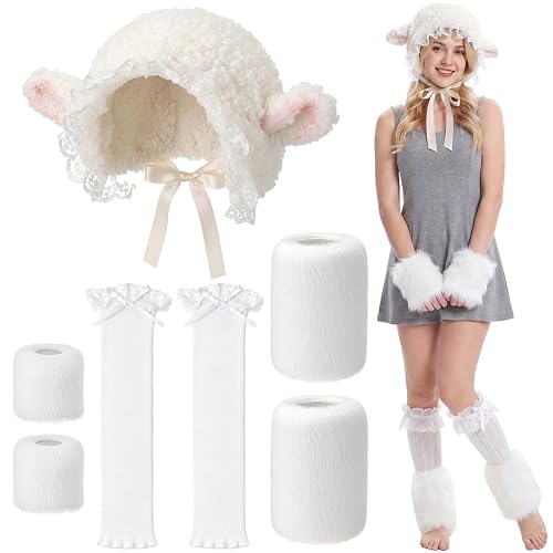 Suhine 4 Pcs Sheep Costume for Women Adult Shepherdess Costume Accessories | Halloween Sheep Costume Set with Lamb Ear Hat Lace Stockings Bow Faux Fur Wrist Cuffs and Leg Warmmers for Cosplay Party