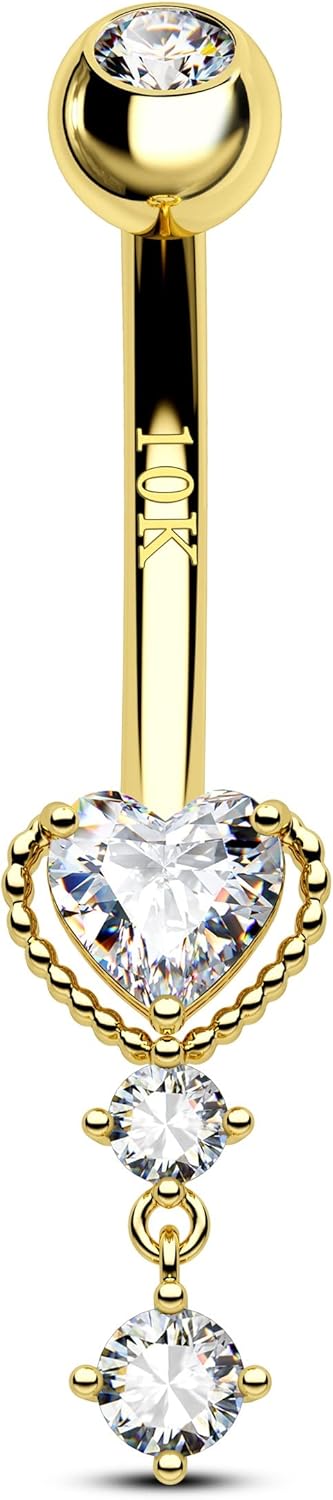 COCHARM 10k Yellow Gold Belly Button Rings Dangling 14G Heart Gold Belly Rings for Women Clear CZ Gold Belly Navel Piercing Jewelry