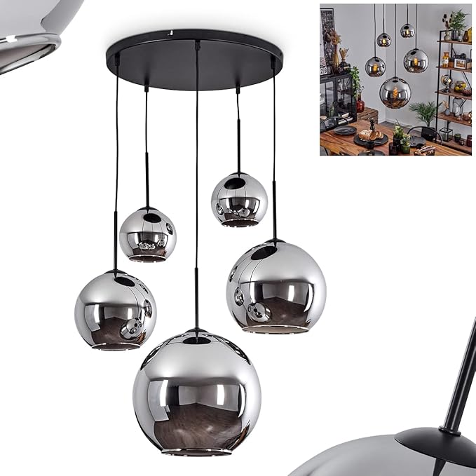 hofstein Koyoto hanglamp, metaal/glas hanglamp in zwart/chroom kleur, retro design met glazen kappen (Ø2 x 15 cm; 20 cm; 25 cm; 30 cm), hoogte max. 173,5 cm, 5 lampen, 5 x E27, gloeilampen niet inbegrepen