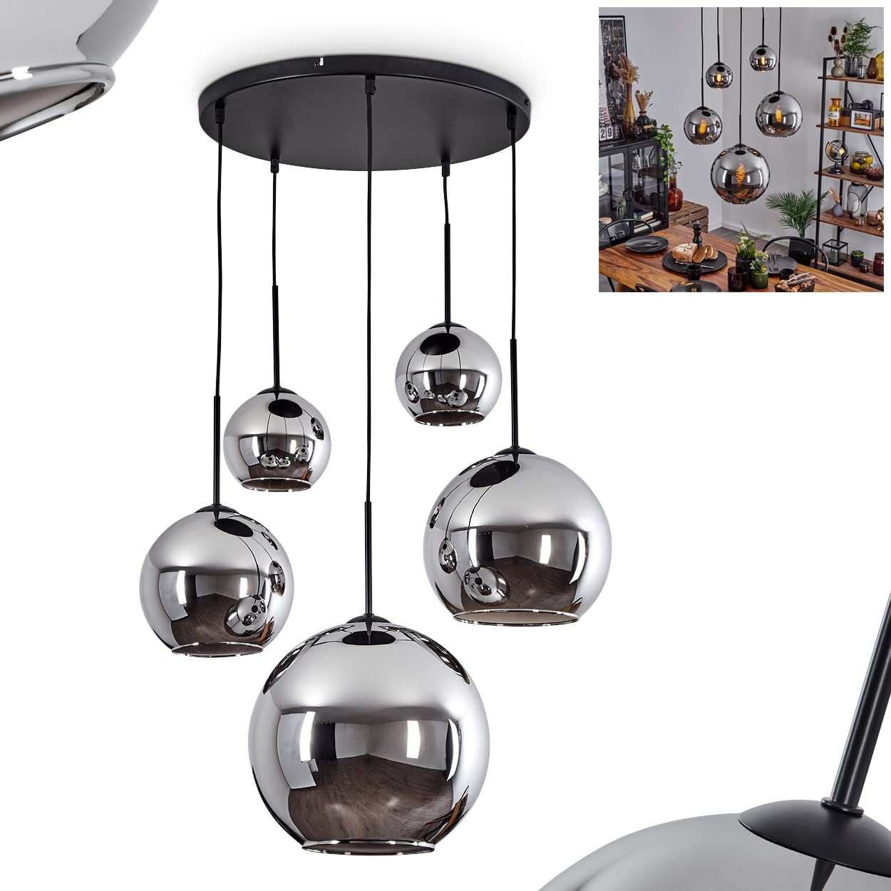 HOFSTEIN Hängeleuchte Koyoto, 5-flammige Hängelampe aus Metall/Glas in Schwarz/Chrom-/Rauchfarben, Pendelleuchte im Retro/Vintage-Design, Ø Schirme 15; 20; 25; 30 cm, E27, Esszimmer, Küche, Wohnzimmer
