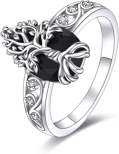 YFN Anillo de turmalina negra de plata de ley, anillos de cristal negro, joyería curativa, protección espiritual, regalos para mujeres y niñas