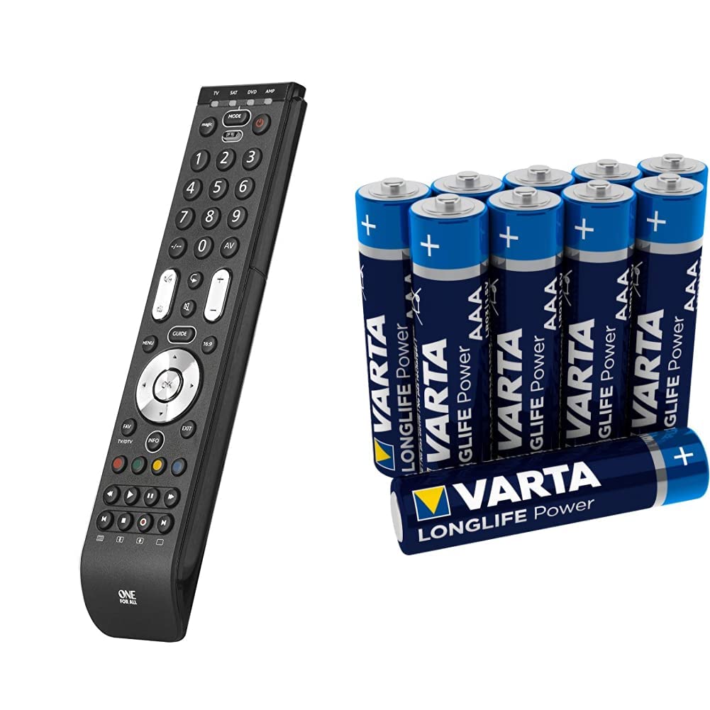 Télécommande universelle One For All Essence 4- Noire –Télécommande Parfaite de remplacement TV Décodeur DVD Blu-ray et appareils Audio & VARTA Longlife Power AAA Micro LR03 Alkaline Battery (10-pack)