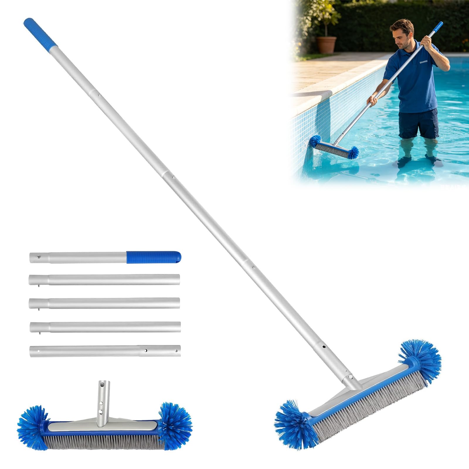 Brosse de nettoyage pour piscine ronde de 44 cm avec manche amovible
