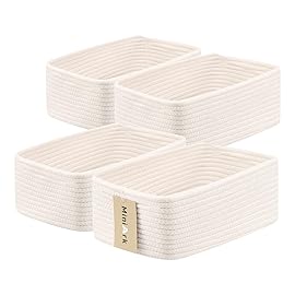 MiniArk Small Storage Baskets for Organizing | Closet Organizer Bins | Shelf Toy Basket | Woven Rope Baskets | Cube Decorative Box | Shallow Basket | 13x8.5x5.1 | 4 Packs Off White