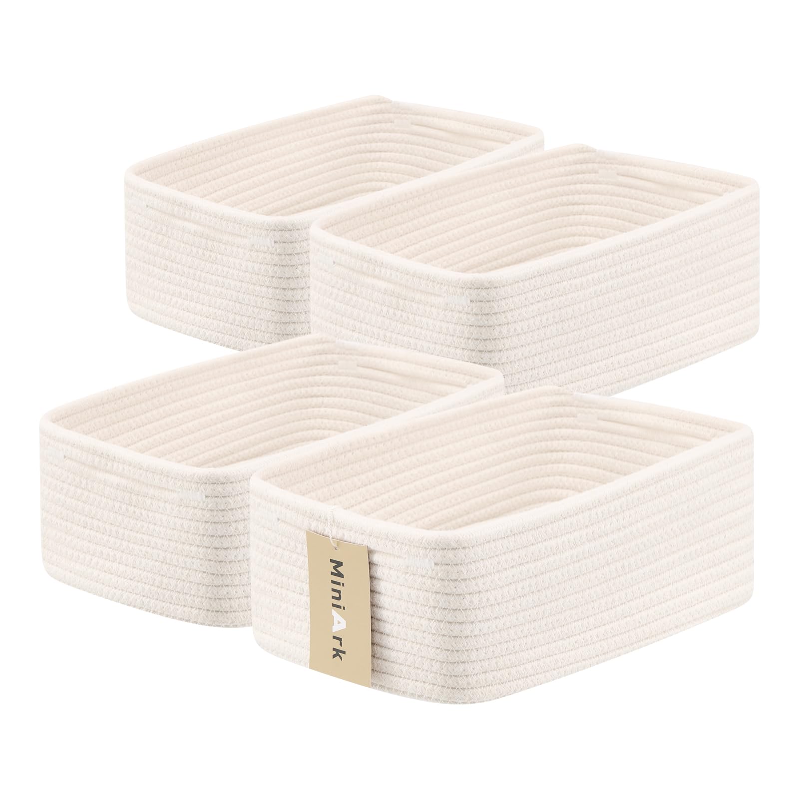 MiniArk Small Storage Baskets for Organizing | Closet Organizer Bins | Shelf Toy Basket | Woven Rope Baskets | Cube Decorative Box | Shallow Basket | 13x8.5x5.1” | 4 Packs Off White