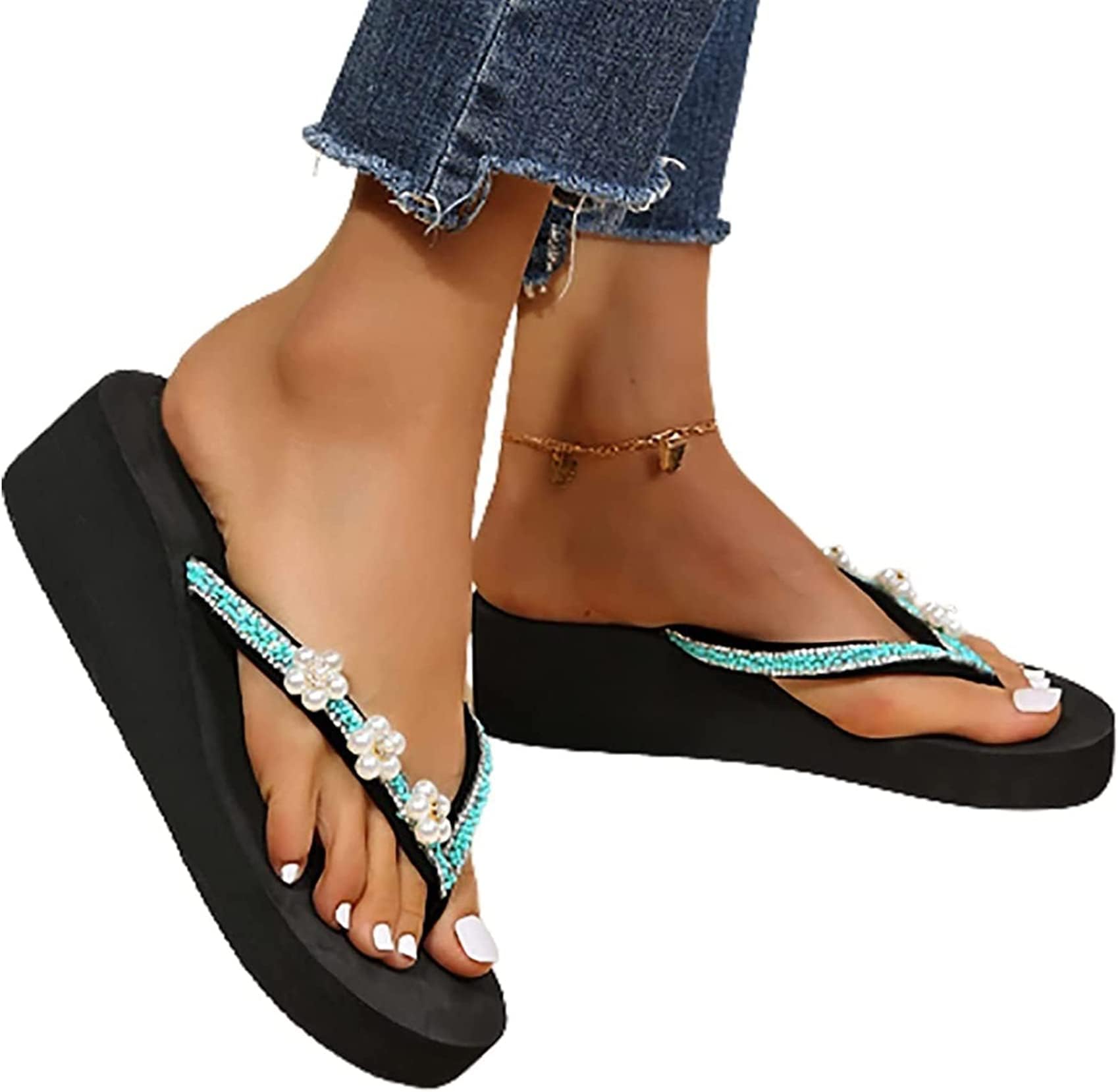 Women's Pearl Flower Flip Flops Sandals Wedge Flip Flops Summer Slippers Indoor Outdoor Slides Casual Beach Shoes