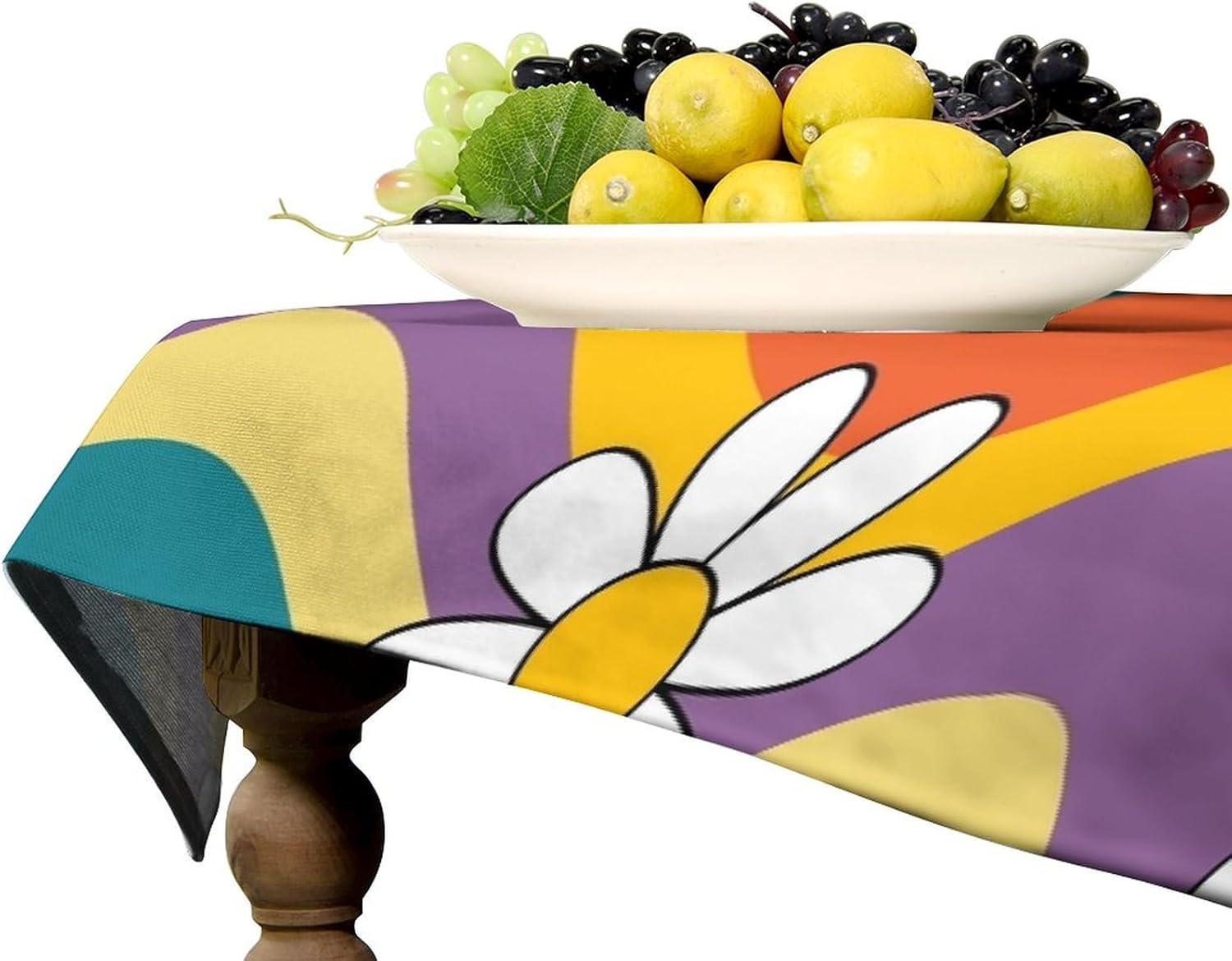 Groovy Flowers Tablecloth, 60s 70s Retro Floral Cute Hippie White Chrysanthemum Flower Print Table Cloth Cover for Party Picnic Tabletop Dining Room Indoor and Outdoor Dining 55x75inch